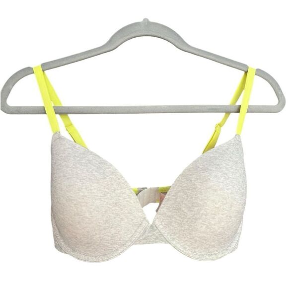 PINK Bra Demi Buste Gray Neon Yellow Pink Sz 34DD. MINT Condition - Picture 1 of 5